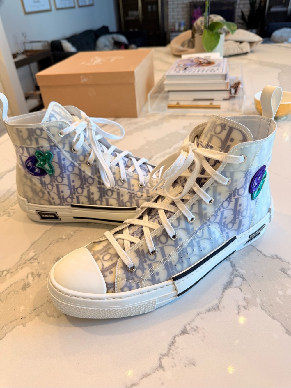 Dior White High-Top Sneakers with Purple & Green embroidery Patches Kenny Scharf